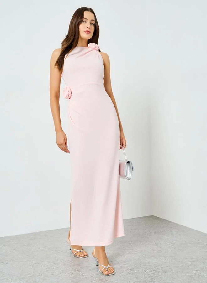 تايك تو Pink Pleated Floral Detail Sleeveless Maxi Dress